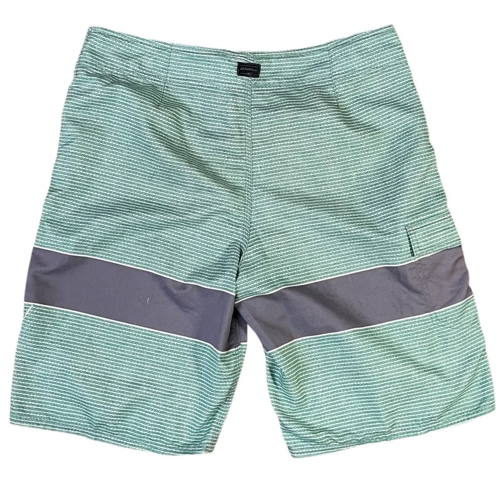 O’Neill Mint Green Gray Striped Board Shorts Men’s Size 34 Surf Swim‎ Beachwear